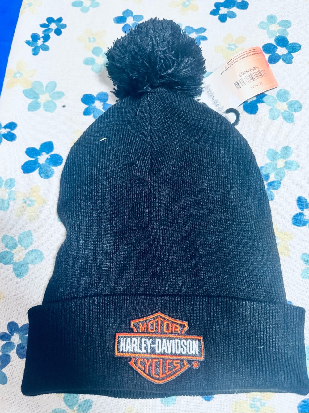 Harley-Davidson Black Knit Pom Beanie with Orange Embroidered Text